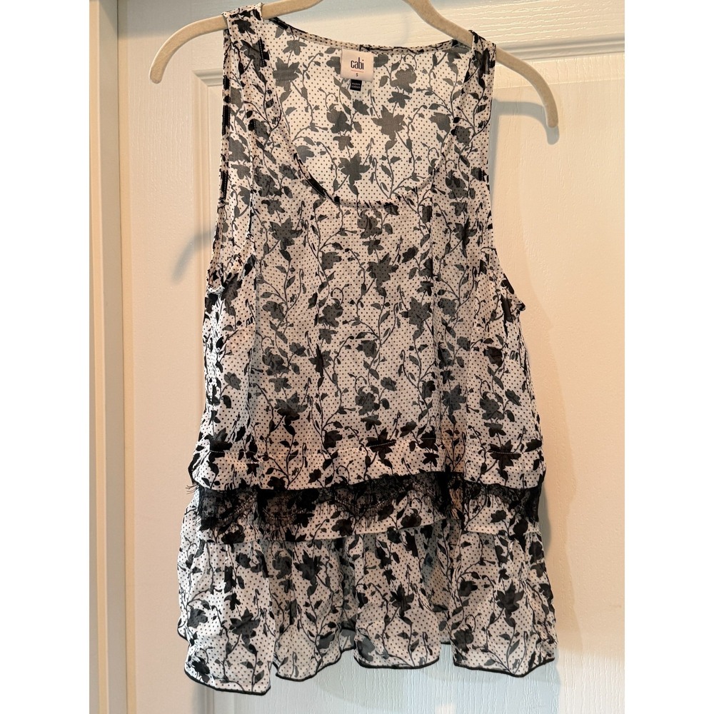 Cabi Everything Tank Top Small Black White Floral Lace Ruffle Sheer Style 5907
